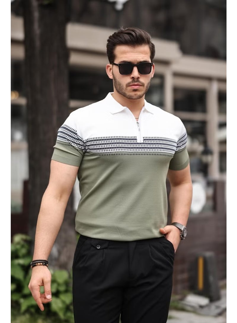 Miron Khaki White Zippered Knitwear Polo Neck T-Shirt - Image 2